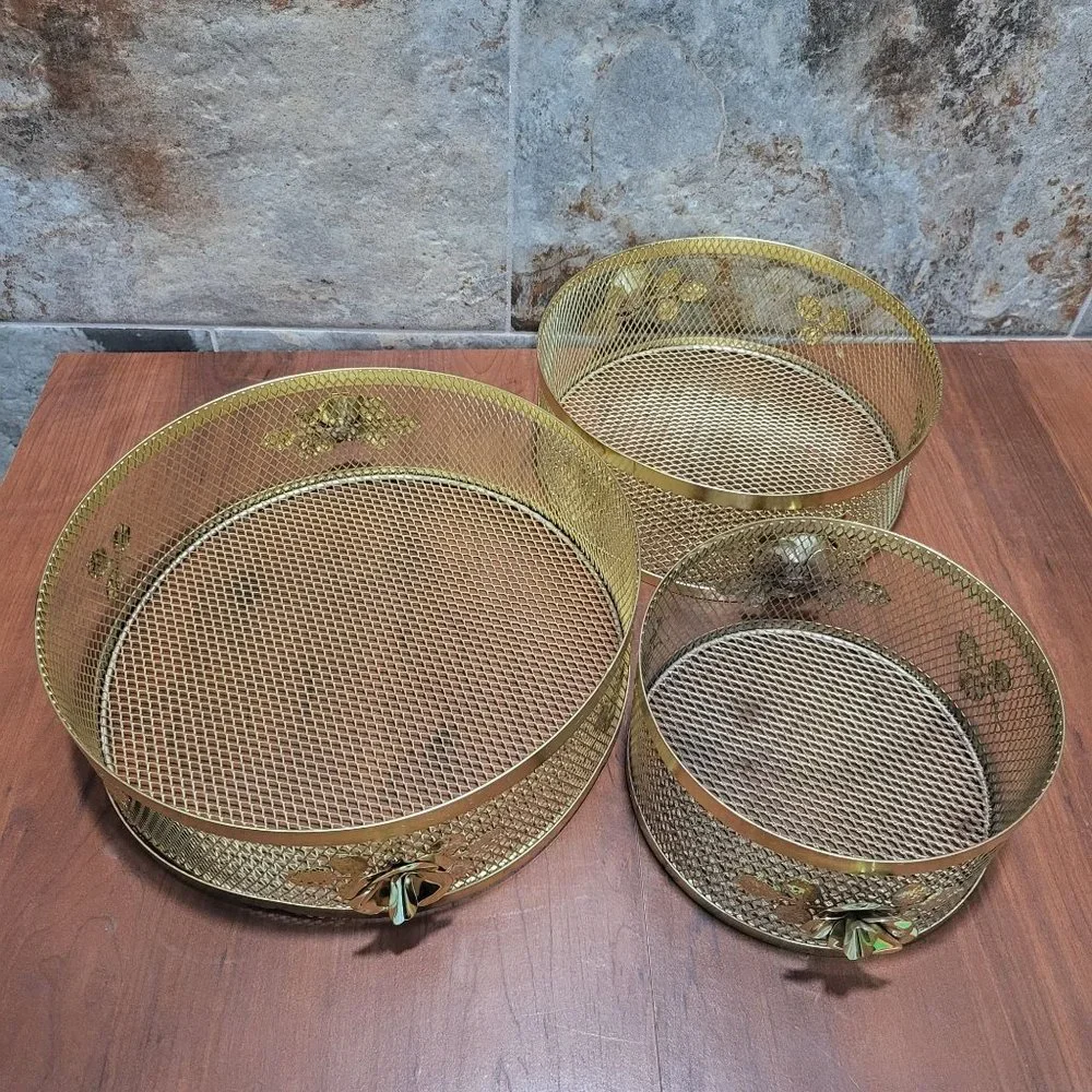 VTG Gold Plated Wire Mesh Baskets Round Metal Trays Rose Leaves Set of 3